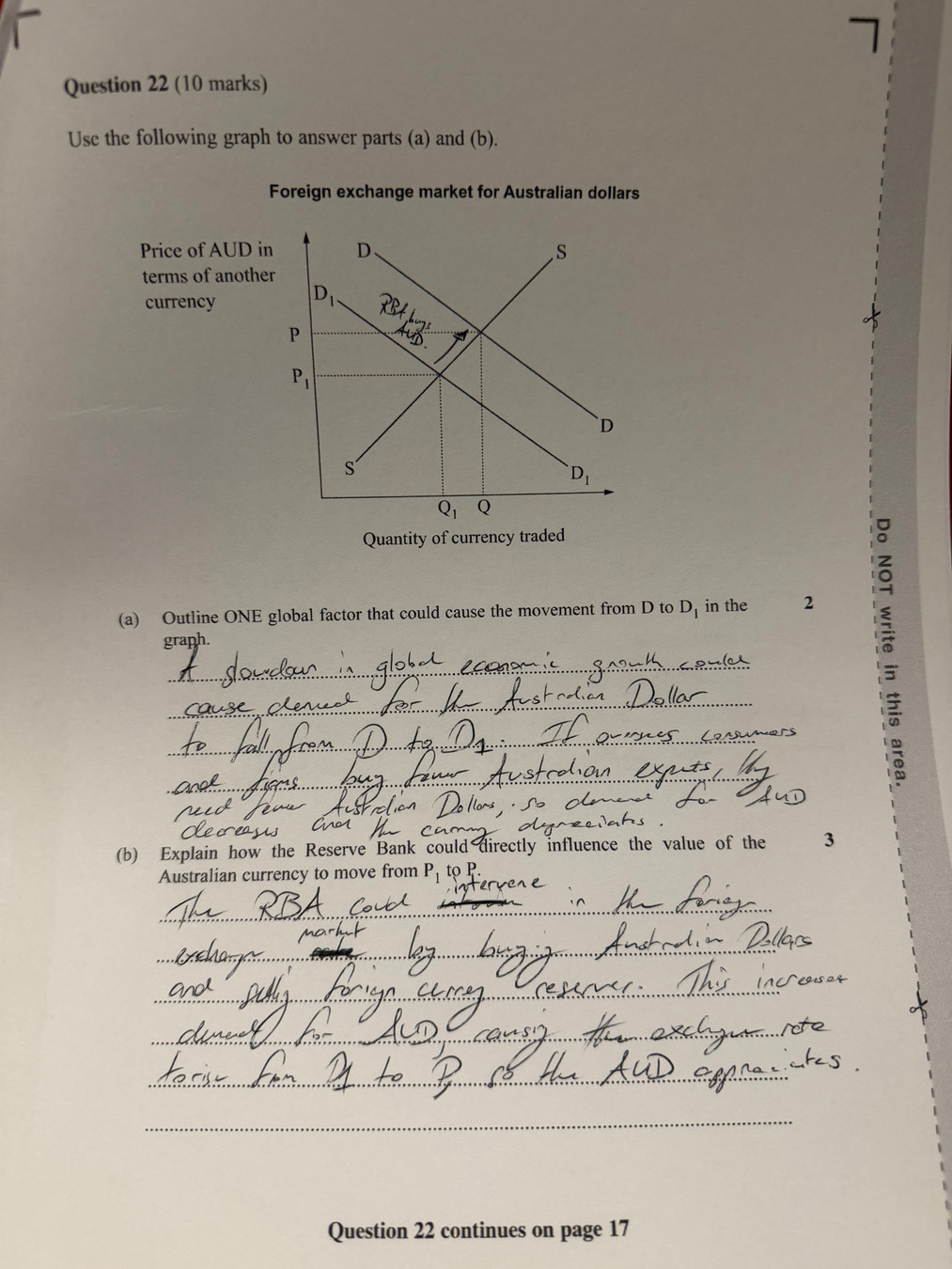 Photographed HSC Economics Question 22 with an exchange-rate graph and handwritten responses to parts a and b