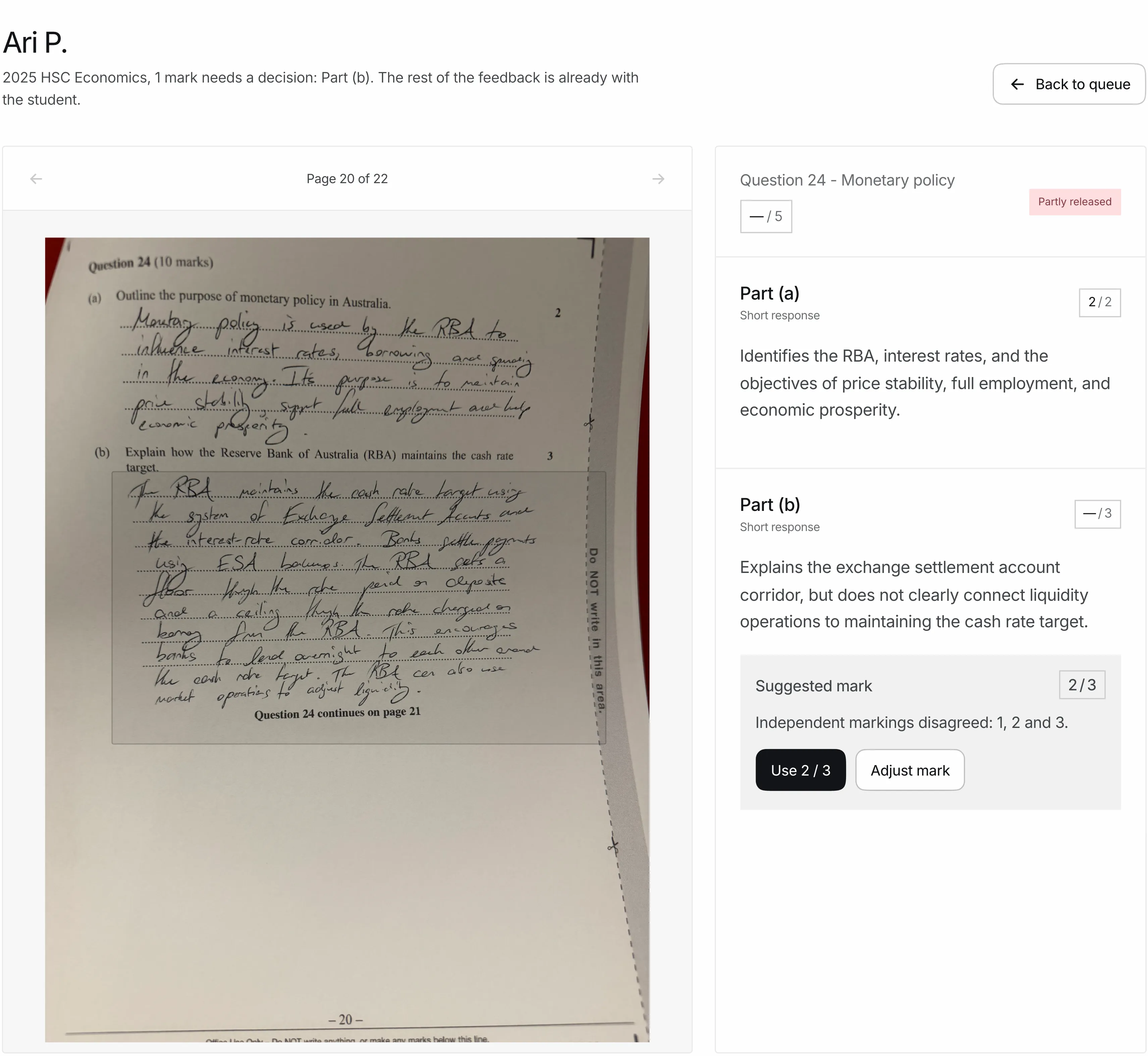 Axtant’s tutor review screen: one mark needs a decision while the rest of the feedback is already with the student, with the handwritten answer outlined beside a suggested mark
