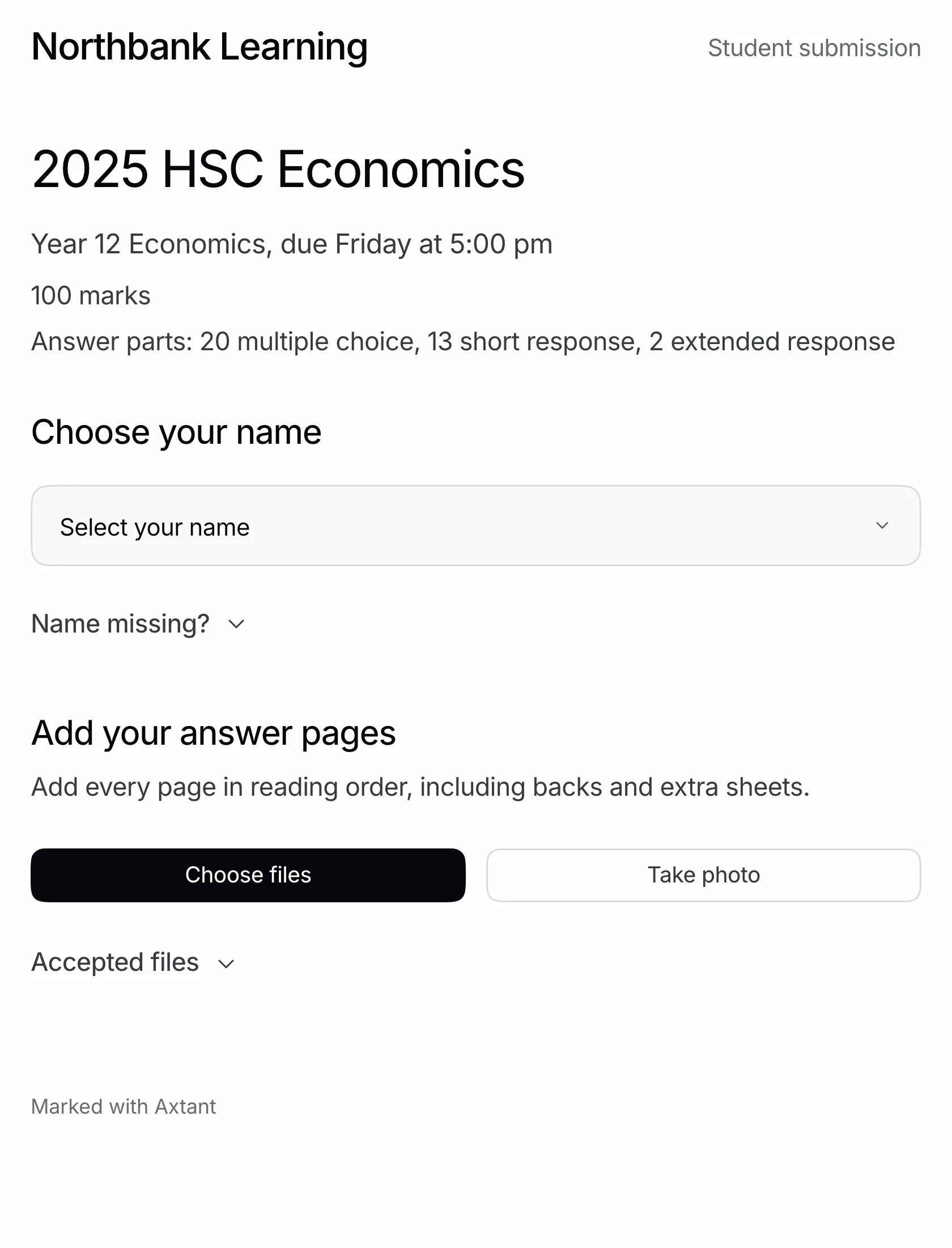Northbank Learning’s hand-in page, where a student chooses their name and adds photos of their answer pages